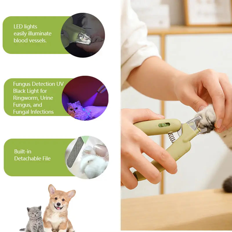 Professional Pet Nail Trimmer with LED Light and UV Lamp, Quick and Safe Grooming, Sharp Blades, Built-In Nail File, Nail Collector, Ergonomic Non-Slip Handle for All Pet Sizes