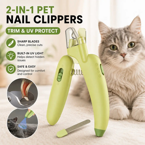 Professional Pet Nail Trimmer with LED Light and UV Lamp, Quick and Safe Grooming, Sharp Blades, Built-In Nail File, Nail Collector, Ergonomic Non-Slip Handle for All Pet Sizes